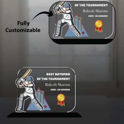 Best Batsman of The Tournament Personalized Cricket Theme Award Trophy  UV Printed Acrylic Trophy | Cricket Tournament Award for Sports & School Competition